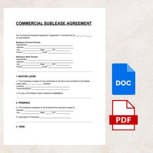 Könnte beinhalten: Ein weißes Dokument mit der Überschrift "COMMERCIAL SUBLEASE AGREEMENT" mit auszufüllenden Feldern für Namen, Adressen und Daten. Enthält ein blaues "DOC"-Symbol und ein rotes "PDF"-Symbol.
