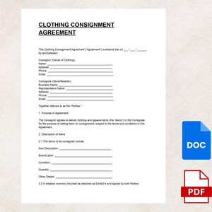 May include: A white document titled "CLOTHING CONSIGNMENT AGREEMENT" with fillable fields for consignor and consignee information. Includes sections for item description, brand, condition, and quantity. Features "DOC" and "PDF" icons.