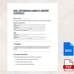 Peut inclure: Un document blanc intitulé « CONTRAT DE RENONCIATION DE RESPONSABILITÉ DU TECHNICIEN DES ONGLES » avec des champs à remplir pour la date de l'accord, le technicien des ongles/l'entreprise et les informations du client. Comprend une section sur l'objet et l'étendue des services.