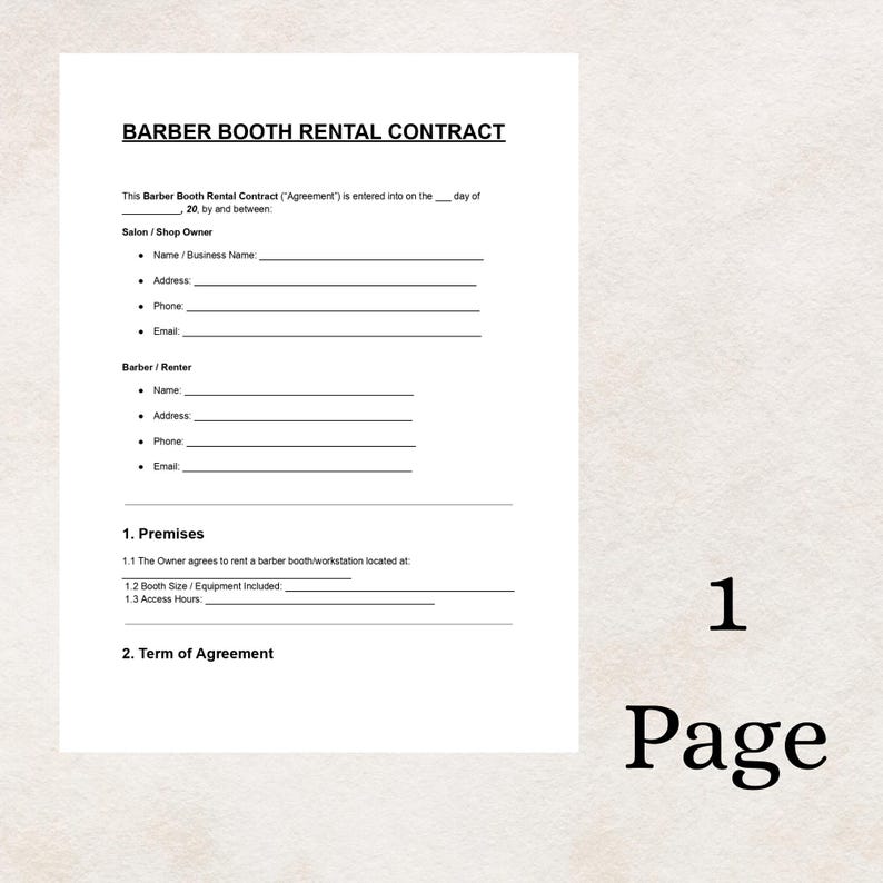 Barber Booth Rental Contract Template DOC & PDF | Editable Barbershop ...