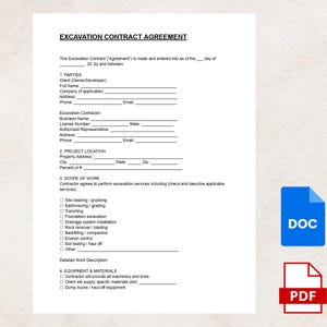 May include: A white document titled "EXCAVATION CONTRACT AGREEMENT" with fillable fields for parties, project location, scope of work, and equipment. Includes DOC and PDF icons in the bottom right corner.