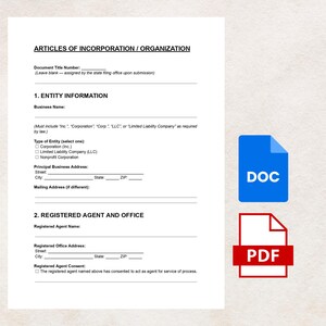 Op de afbeelding: Een wit document getiteld "ARTICLES OF INCORPORATION / ORGANIZATION" met invulbare velden voor bedrijfsinformatie. Bevat blauwe "DOC" en rode "PDF" pictogrammen. De documentsjabloon is bedoeld voor juridisch of zakelijk gebruik.