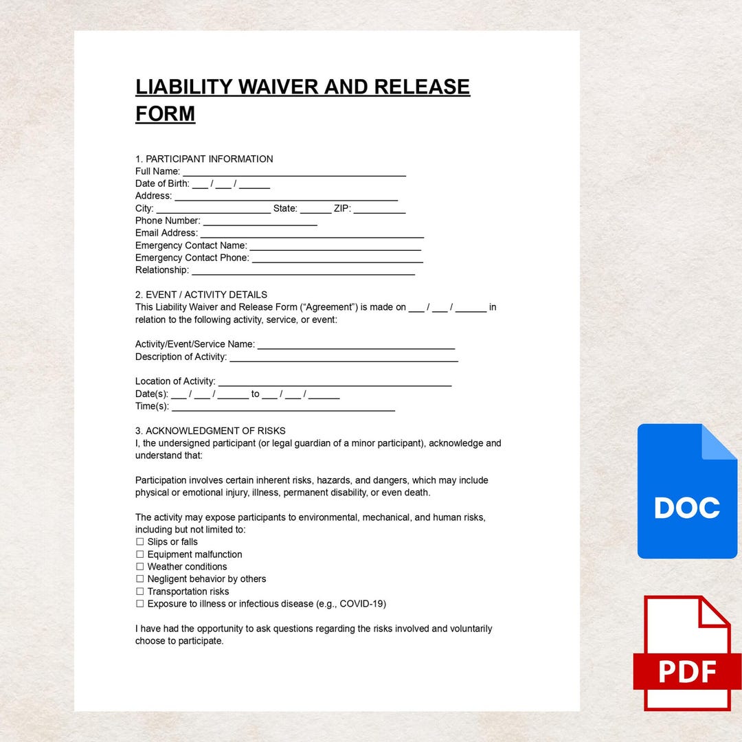 Liability Waiver Template: Legal Release Form (PDF & Word Download - Etsy