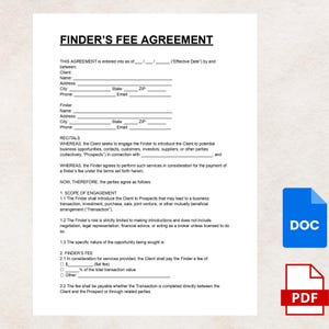 May include: A white document titled "FINDER'S FEE AGREEMENT" with fillable fields for client and finder information. Includes sections on scope of engagement and finder's fee. A blue "DOC" icon and a red "PDF" icon are in the image.