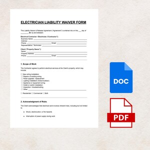 May include: A white Electrician Liability Waiver Form with the title in bold black letters. The form includes sections for contractor and client information, scope of work, and acknowledgment of risks. A blue DOC icon and a red PDF icon are on the right.