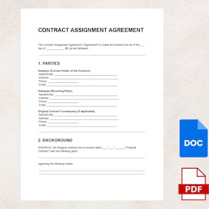 May include: A white document titled "CONTRACT ASSIGNMENT AGREEMENT" with fillable fields for parties involved. Includes sections for Assignor, Assignee, and Original Contract Counterparty details. Features DOC and PDF icons.