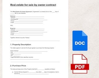 May include: A real estate for sale by owner contract document with fillable fields for seller and buyer information. Includes sections for property description and purchase price. Features a blue DOC icon and a red PDF icon.