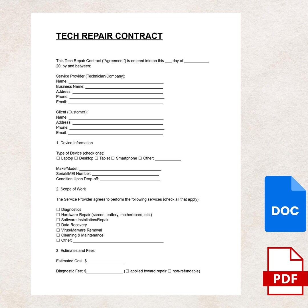Tech Repair Contract Template | Service Agreement for Electronics ...