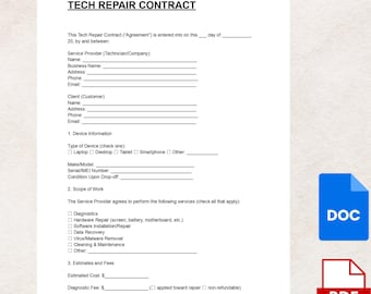 Tech Repair Contract Template | Electronics Service Agreement (DOC & PDF)