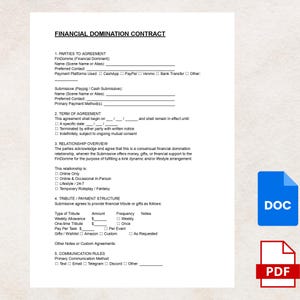May include: A Financial Domination Contract document, with sections for parties, terms, relationship overview, tribute/payment structure, and communication rules. Includes DOC and PDF icons.