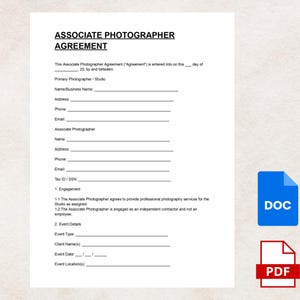 Könnte beinhalten: Ein weißes Dokument mit der Überschrift "VEREINBARUNG FÜR FOTOGRAFIE-MITARBEITER" mit ausfüllbaren Feldern für Namen, Adressen und Veranstaltungsdetails. Enthält DOC- und PDF-Symbole.
