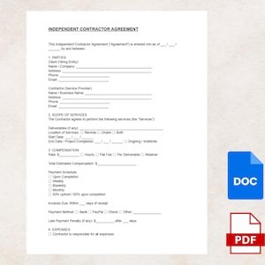 Independent Contractor Agreement Template | Freelance and Self-Employed Work Contract | Editable PDF & Word Format