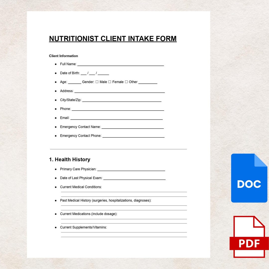Nutritionist Client Intake Form | Editable Health and Wellness ...