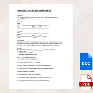 May include: A printed document titled "DOMESTIC DISCIPLINE AGREEMENT" with fillable fields for partners' information. Includes sections on purpose, term, and roles. Features a blue DOC icon and a red PDF icon.