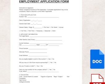 May include: A white employment application form with the title "EMPLOYMENT APPLICATION FORM" in black text. The form includes sections for position, applicant information, and education. A blue "DOC" icon and a red "PDF" icon are in the lower right.