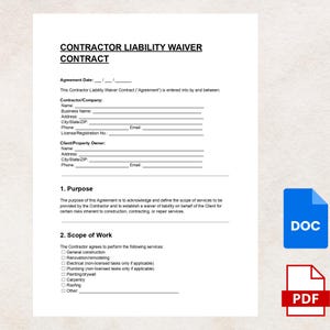 May include: A white Contractor Liability Waiver Contract document with the title in bold black letters. The document includes sections for agreement date, contractor/company, and client/property owner information. A blue DOC icon and a red PDF icon are in the lower right corner.