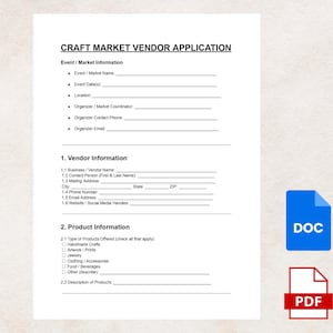 May include: A craft market vendor application form with sections for event information, vendor details, and product descriptions. Includes checkboxes for product types like handmade crafts and artwork. Features DOC and PDF file icons.