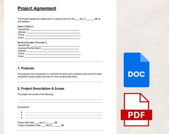 プロジェクト契約書（DOC & PDF）、法的テンプレート、契約書、編集可能、即時ダウンロード