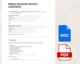 Mobile Mechanic Service Agreement – Editable Contract Template PDF DOC