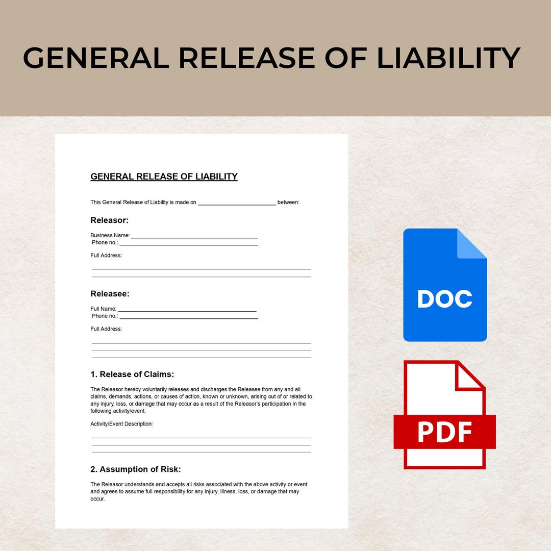 General Release of Liability Template DOC & PDF | Liability Waiver Form ...