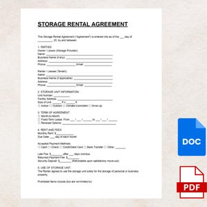 May include: A Storage Rental Agreement document with fillable fields for parties, unit information, term, rent, and fees. Includes DOC and PDF icons in the bottom right corner.