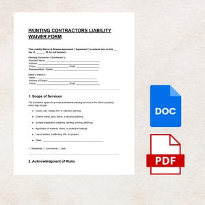 May include: A white document titled "PAINTING CONTRACTORS LIABILITY WAIVER FORM" with fillable fields for contractor and client information. Includes a "Scope of Services" section and two document icons labeled "DOC" and "PDF".