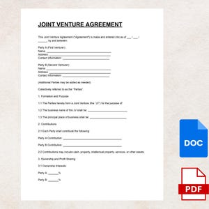 May include: A white document titled "JOINT VENTURE AGREEMENT" with fillable fields for names, addresses, and contact information. Includes sections on formation, purpose, contributions, and profit sharing. Features "DOC" and "PDF" icons.