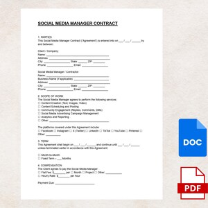 May include: A Social Media Manager Contract document with fillable fields for client and contractor information. The contract outlines services, term, and compensation. Includes DOC and PDF file icons.