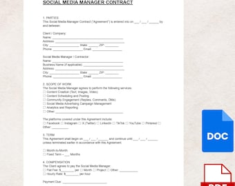 Szablon umowy menedżera mediów społecznościowych: Umowa o świadczenie usług profesjonalnych (plik PDF i DOC)