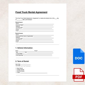 May include: A white document titled "Food Truck Rental Agreement" with fillable fields for owner/lessor and renter/lessee information. Includes sections for vehicle details and rental terms. A blue DOC icon and a red PDF icon are in the lower right corner.