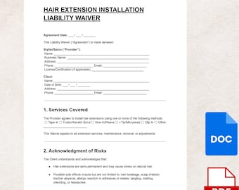 Szablon zrzeczenia się odpowiedzialności za przedłużanie włosów: Formularz zgody klienta salonu (do pobrania w formacie cyfrowym DOC i PDF)