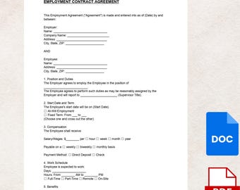 Employment Contract Agreement Template | Formal Work Terms for Employees and Employers | Editable PDF & DOC