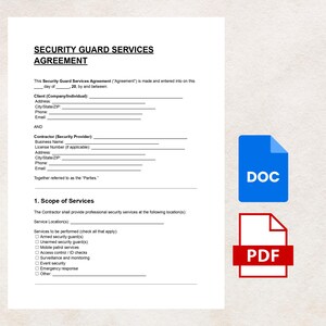 May include: A security guard services agreement document with the title "SECURITY GUARD SERVICES AGREEMENT". The document includes sections for client and contractor information, and a scope of services. A blue DOC icon and a red PDF icon are on the right.