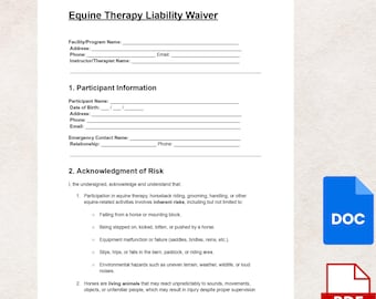 Szablon zrzeczenia się odpowiedzialności za terapię konną: Formularz zwolnienia z odpowiedzialności za jazdę konną (do pobrania w formacie cyfrowym DOC i PDF)