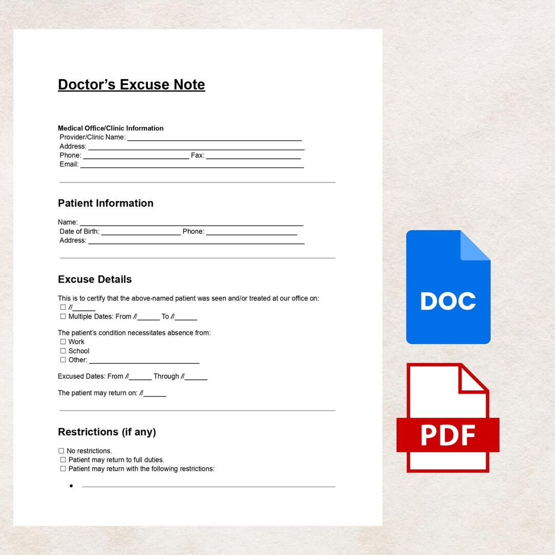 Doctor’s Excuse Note Template DOC & PDF | Editable Medical Absence Form ...