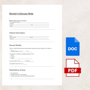 Peut inclure: Un modèle de « Doctor's Excuse Note » blanc avec des champs à remplir pour les informations du cabinet médical, les détails du patient et les détails de l'excuse. Comprend des icônes DOC et PDF.