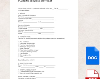 Plumbing Services Contract Template | Residential and Commercial Plumbing Work Agreement | Editable PDF & Word
