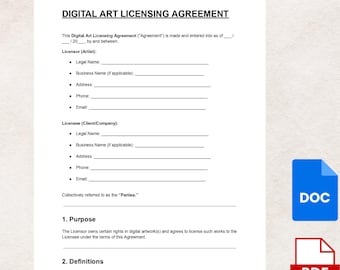 Szablon umowy licencyjnej na sztukę cyfrową (doc i PDF) | Edytowalna umowa artystyczna | Natychmiastowe pobranie