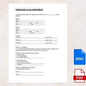 Parenting Plan Agreement Template – Child Custody And Co-Parenting Arrangement Contract (Digital DOC & PDF)