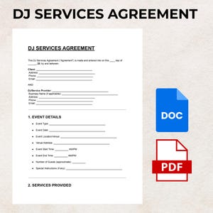 May include: A white document titled "DJ SERVICES AGREEMENT" with fillable fields for client and DJ service provider information. Includes sections for event details and services provided. A blue DOC icon and a red PDF icon are on the right.