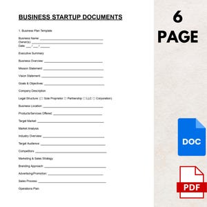 Könnte beinhalten: Ein weißes Dokument mit dem Titel "BUSINESS STARTUP DOCUMENTS" mit auszufüllenden Abschnitten für eine Businessplan-Vorlage. Das Dokument enthält Abschnitte für Firmennamen, Übersicht, Leitbild und mehr. Das Bild zeigt auch eine "6 PAGE"-Anzeige sowie DOC- und PDF-Symbole.