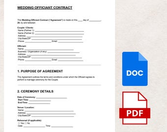 Plantilla de contrato de oficiante de bodas: Acuerdo de ceremonia editable (DOC y PDF)