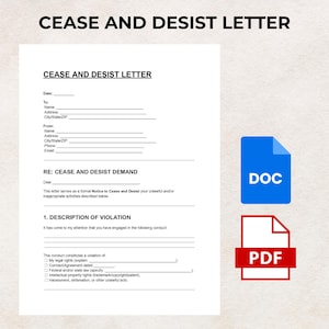 Może przedstawiać: Biały szablon wezwania do zaprzestania naruszeń z polami do wypełnienia dla daty, odbiorcy, nadawcy i szczegółów naruszenia. Zawiera niebieskie ikony "DOC" i czerwone "PDF".