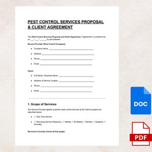 May include: A pest control services proposal and client agreement document. The document includes sections for the service provider and client information, scope of services, and a checklist for services to include. A blue DOC icon and a red PDF icon are in the lower right corner.