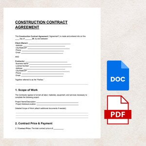 May include: A construction contract agreement template with fillable fields for client and contractor information. Includes sections for scope of work and contract price. Features blue "DOC" and red "PDF" icons.