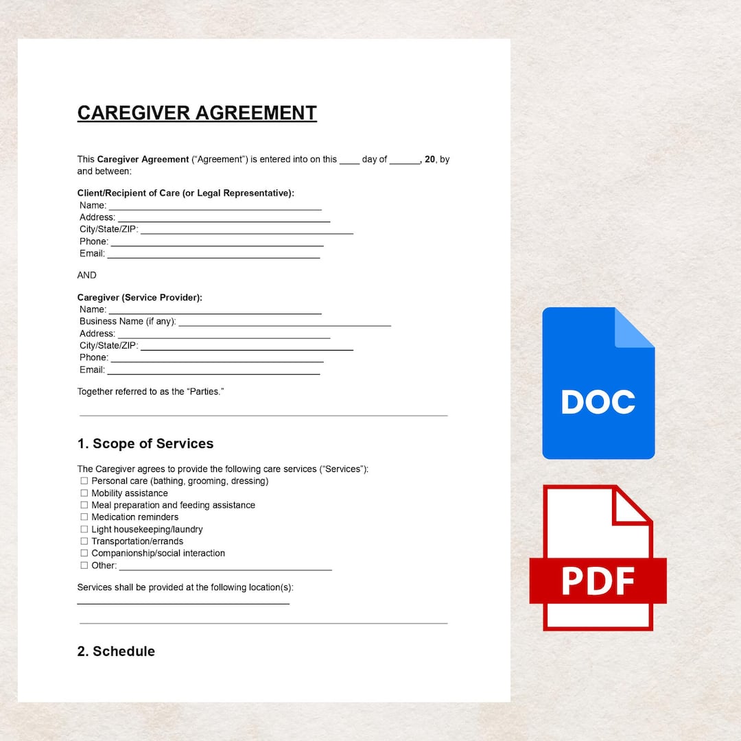 Caregiver Agreement Editable Personal Care Contract Template PDF DOC