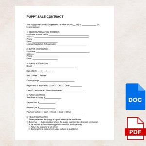 Puppy Sale Contract Template | Pet Purchase Agreement for Dog Breeders and Buyers | Editable PDF & Word File
