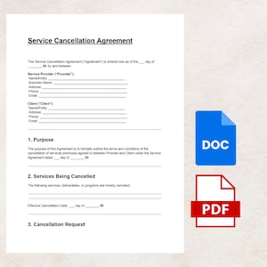 Op de afbeelding: Een wit document voor een service-annuleringscontract met invulvelden voor informatie over de provider en de klant. Bevat een blauw DOC-pictogram en een rood PDF-pictogram.