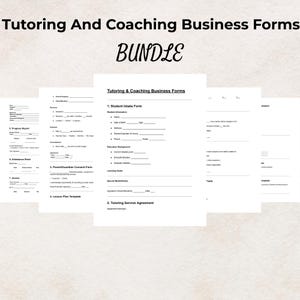May include: A bundle of white tutoring and coaching business forms. The forms include a student intake form, service agreement, attendance sheet, and lesson plan template. The title "Tutoring And Coaching Business Forms" is at the top.