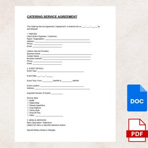 Catering Service Agreement | Event and Food Catering Contract for Weddings, Parties and Corporate Functions | Editable PDF & Word File